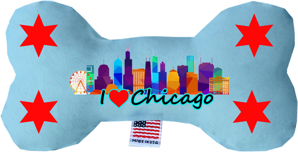 I Love Chicago plush dog bone toy with skyline