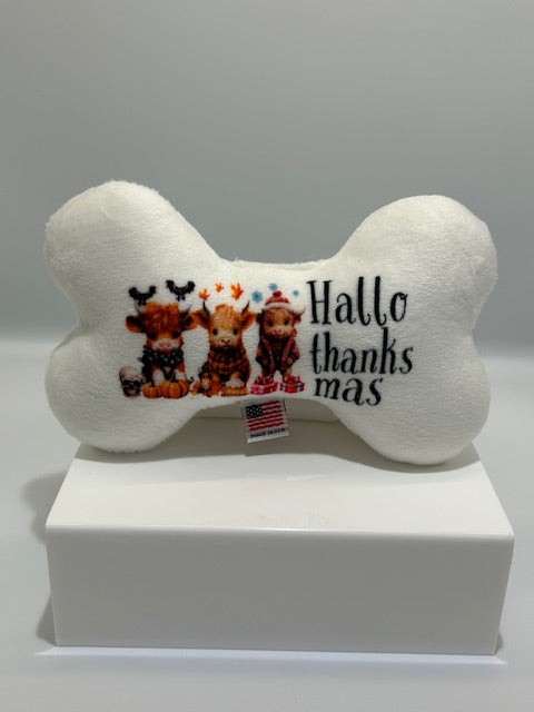 Halloween Pet & Dog Plush Bone Toy, "Happy Hallothankmas!"