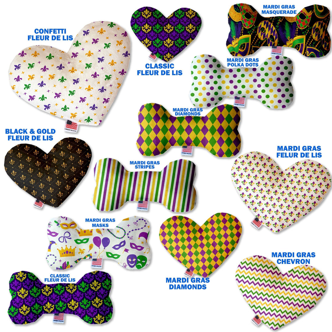 Pet and Dog Canvas or Plush Heart or Bone Toy, "Mardi Gras Group" (Available in different sizes, and 10 different pattern options!)