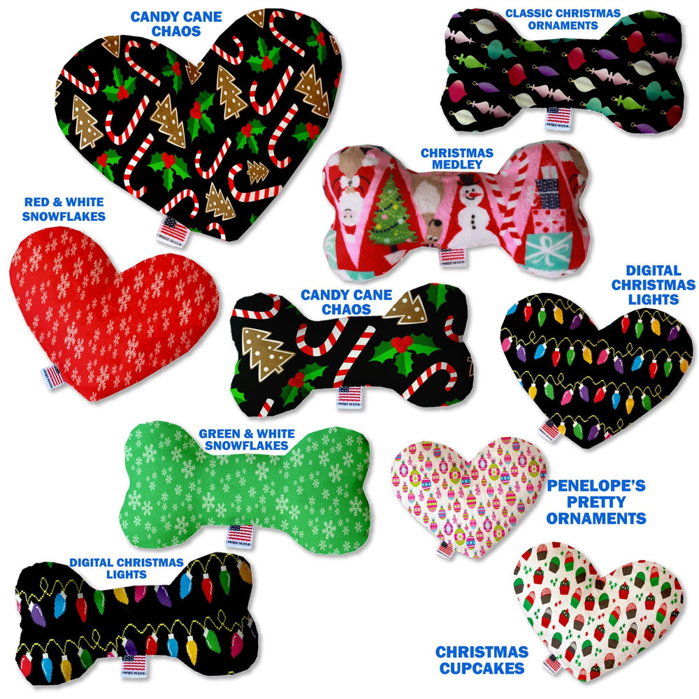 Christmas Pet and Dog Canvas or Plush Heart or Bone Toy, "Candy Cane Lane Group" (Available in different sizes and 8 different patterns!)