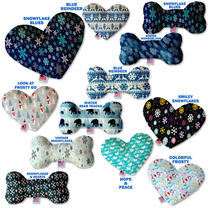 Pet and Dog Canvas or Plush Heart or Bone Toy, "Winter Wonderland Group" (Available in different sizes, and 10 different patterns!)