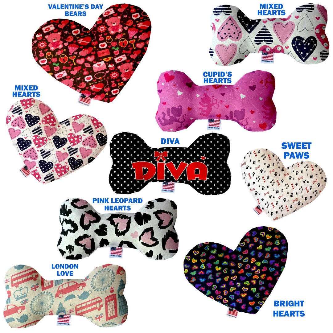 Pet and Dog Canvas or Plush Heart or Bone Toy, "Valentine's Day Group" (Available in different sizes, and 8 different pattern options!)
