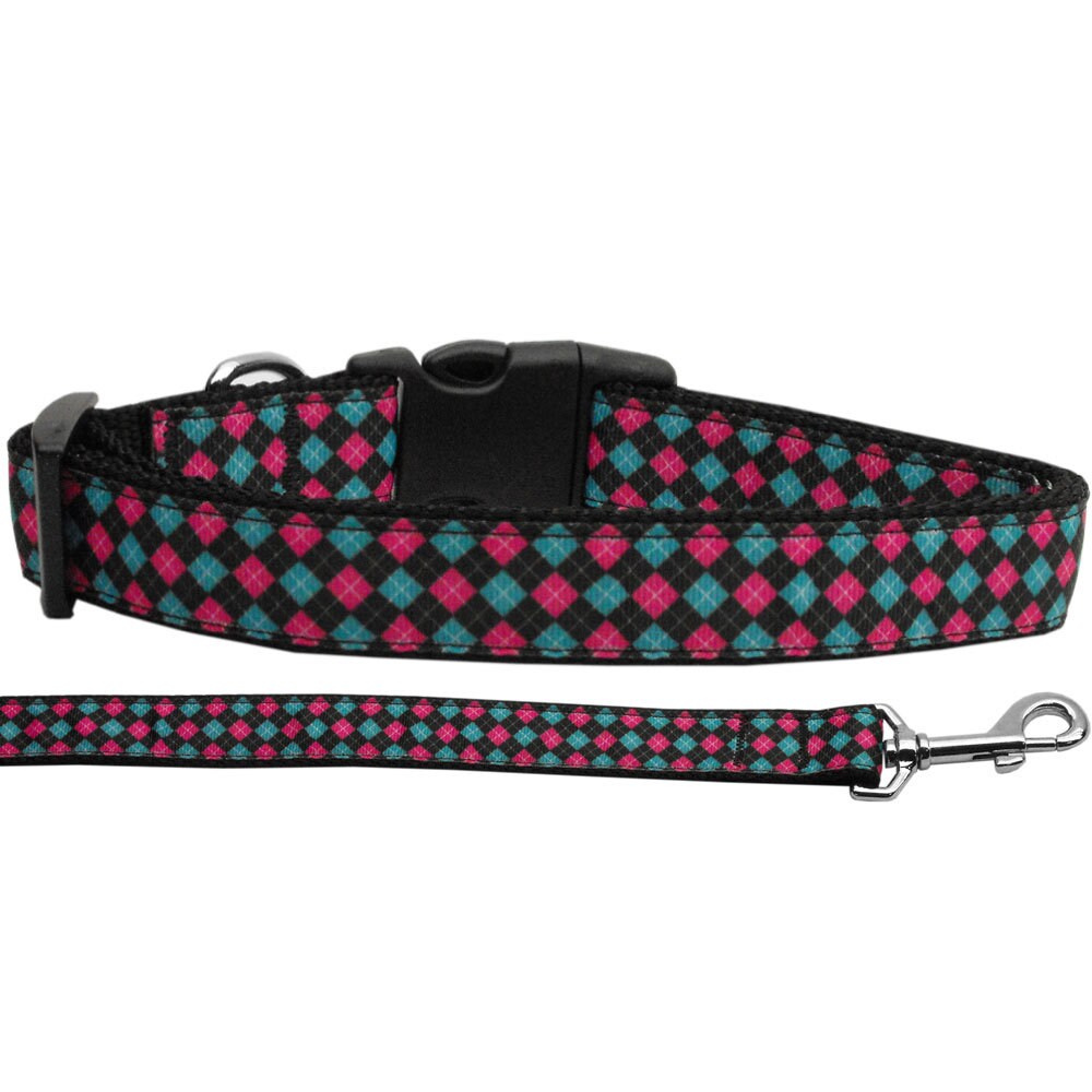 Pet Dog andac Cat Nylon Collar or Leash, "Pink & Blue Plaid"