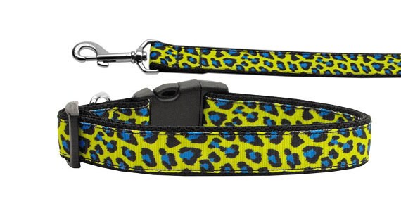 Pet Dog & Cat Nylon Collar or Leash, &quot;Blue and Yellow Leopard Print&quot;