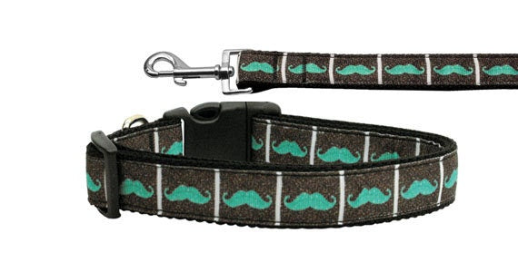 Pet Dog & Cat Nylon Collar or Leash, &quot;Aqua Moustaches&quot;