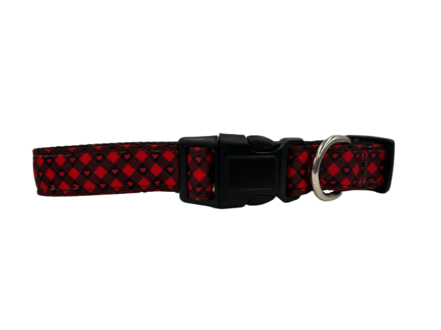 Pet Dog & Cat Signature Nylon Collar or Leash, "Plaid Red Hearts"
